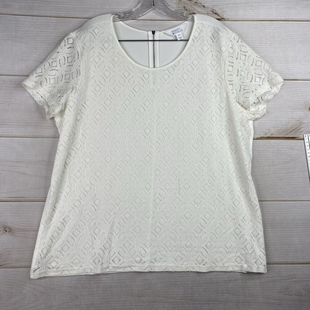 Market & Spruce Top Womens XXL Cream White Lace Cutout Overlay Short Sleeve Zip
